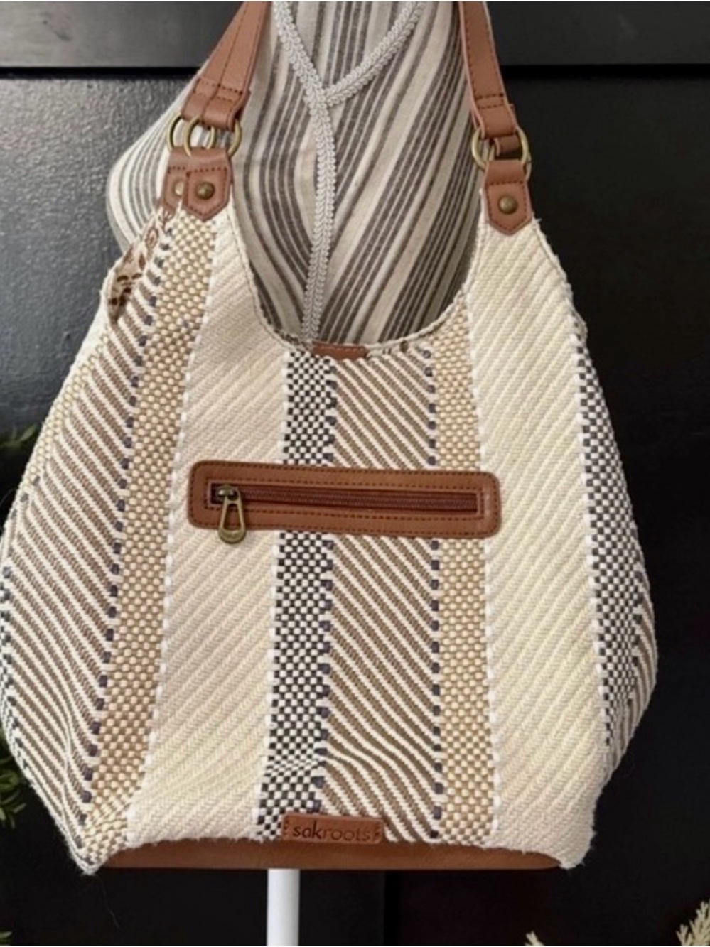 Sakroots Cream and Brown Batik Woven Shoulder Tote